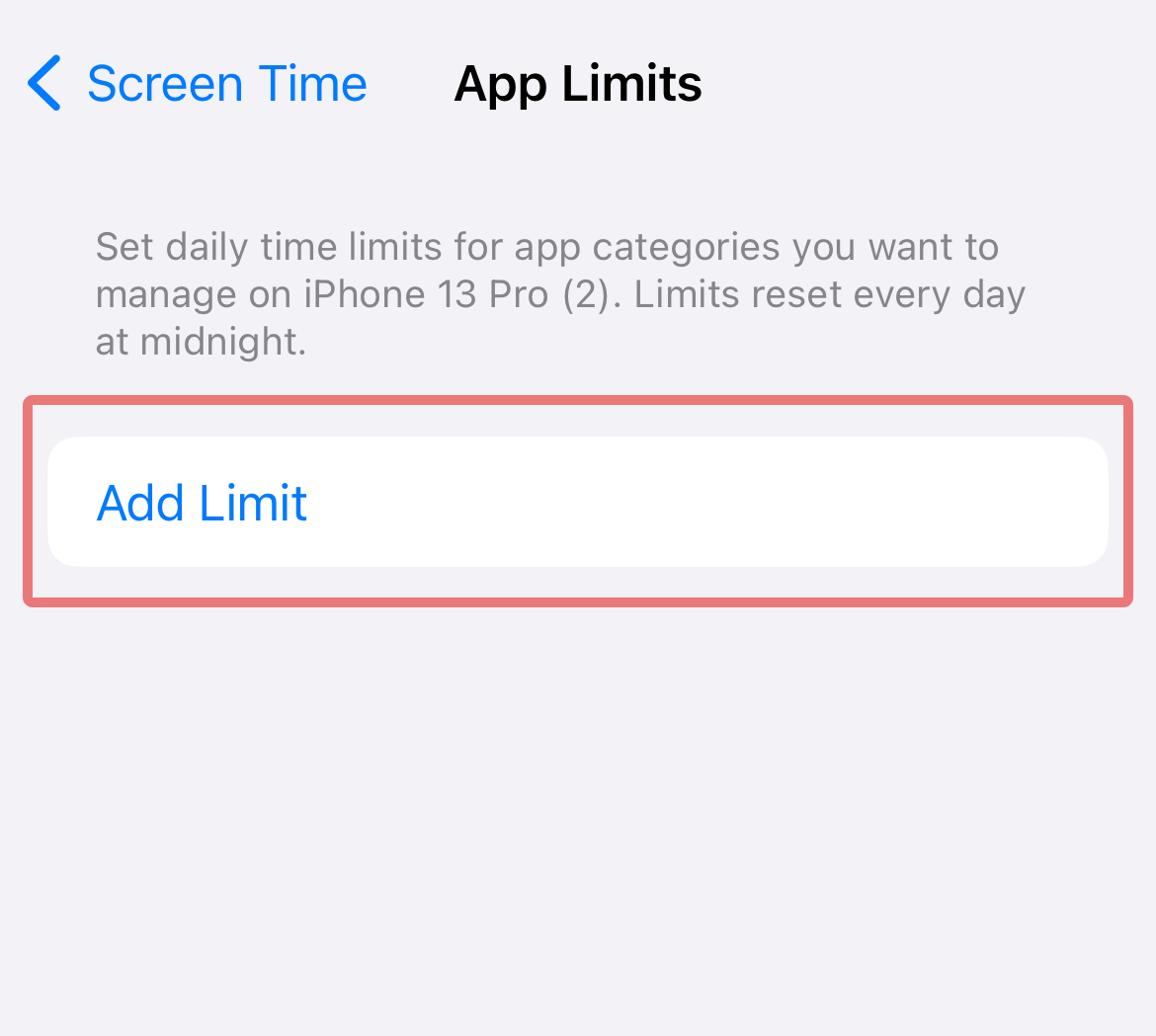 Add Limit button on App Limits page