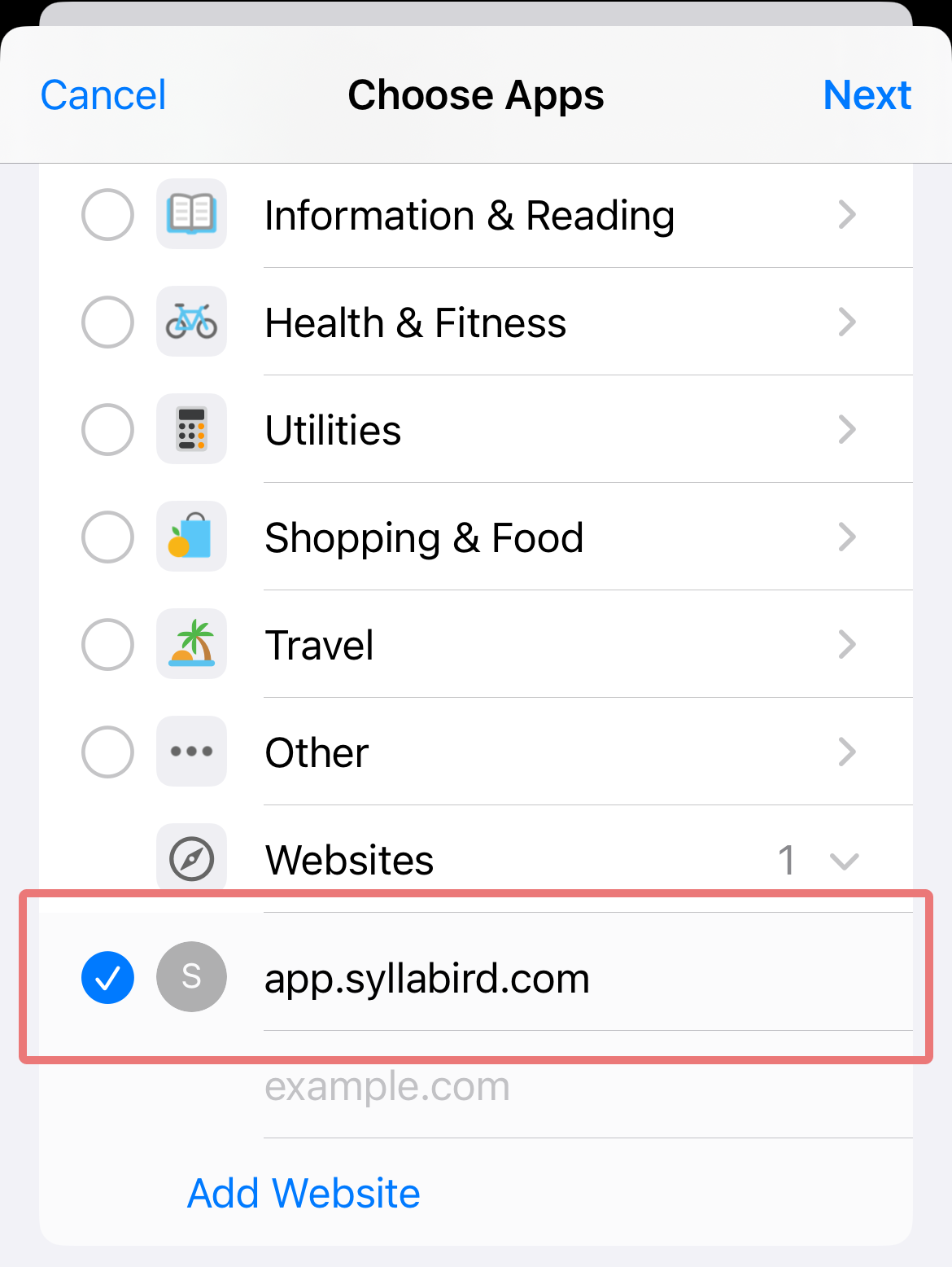 Add Syllabird website to App Limit