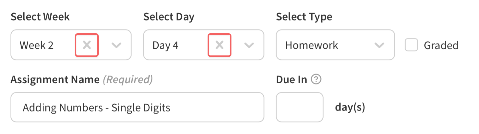 Assignment options input with clear week and day buttons highlighted