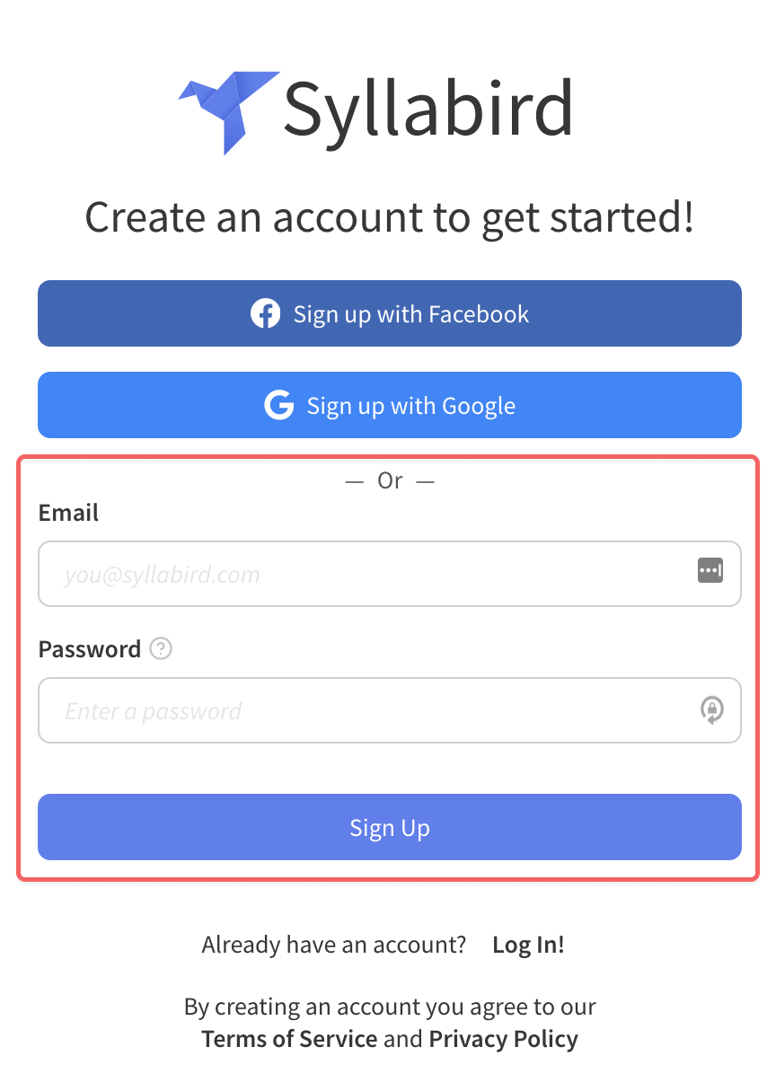 Email address and password fields