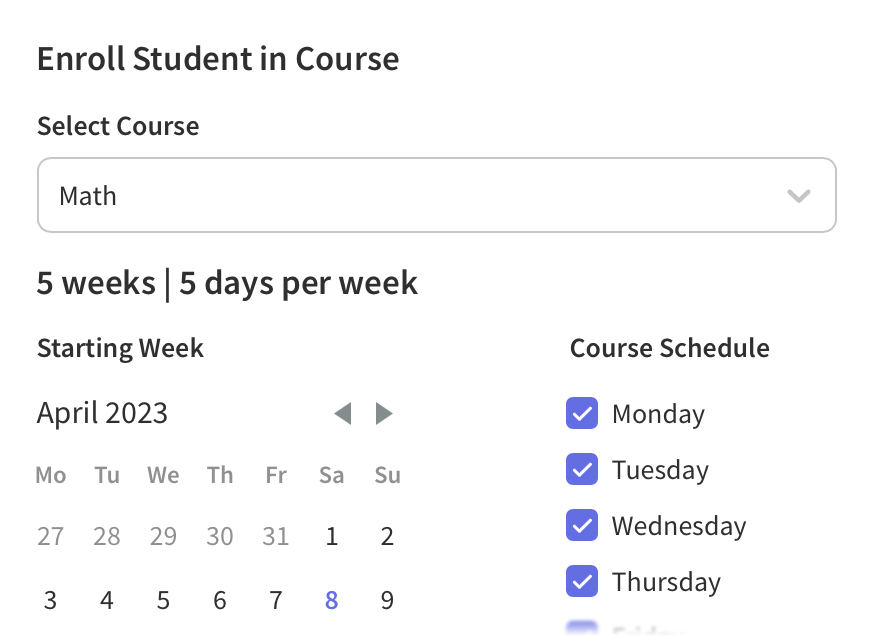 Enroll modal showing a student getting enrolled in a Math course