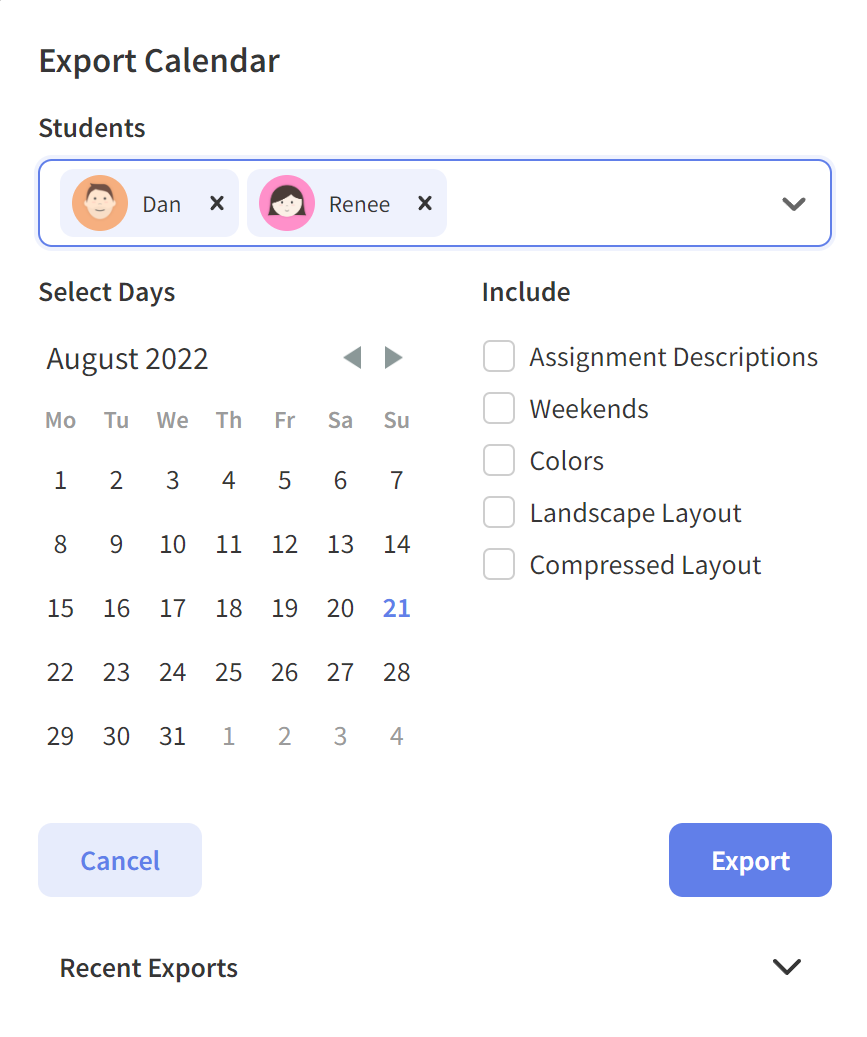 Export calendar modal with options for calendar, students, and formatting
