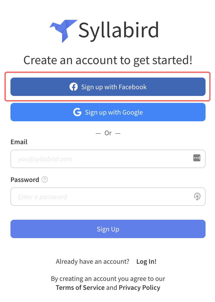 Facebook signup button