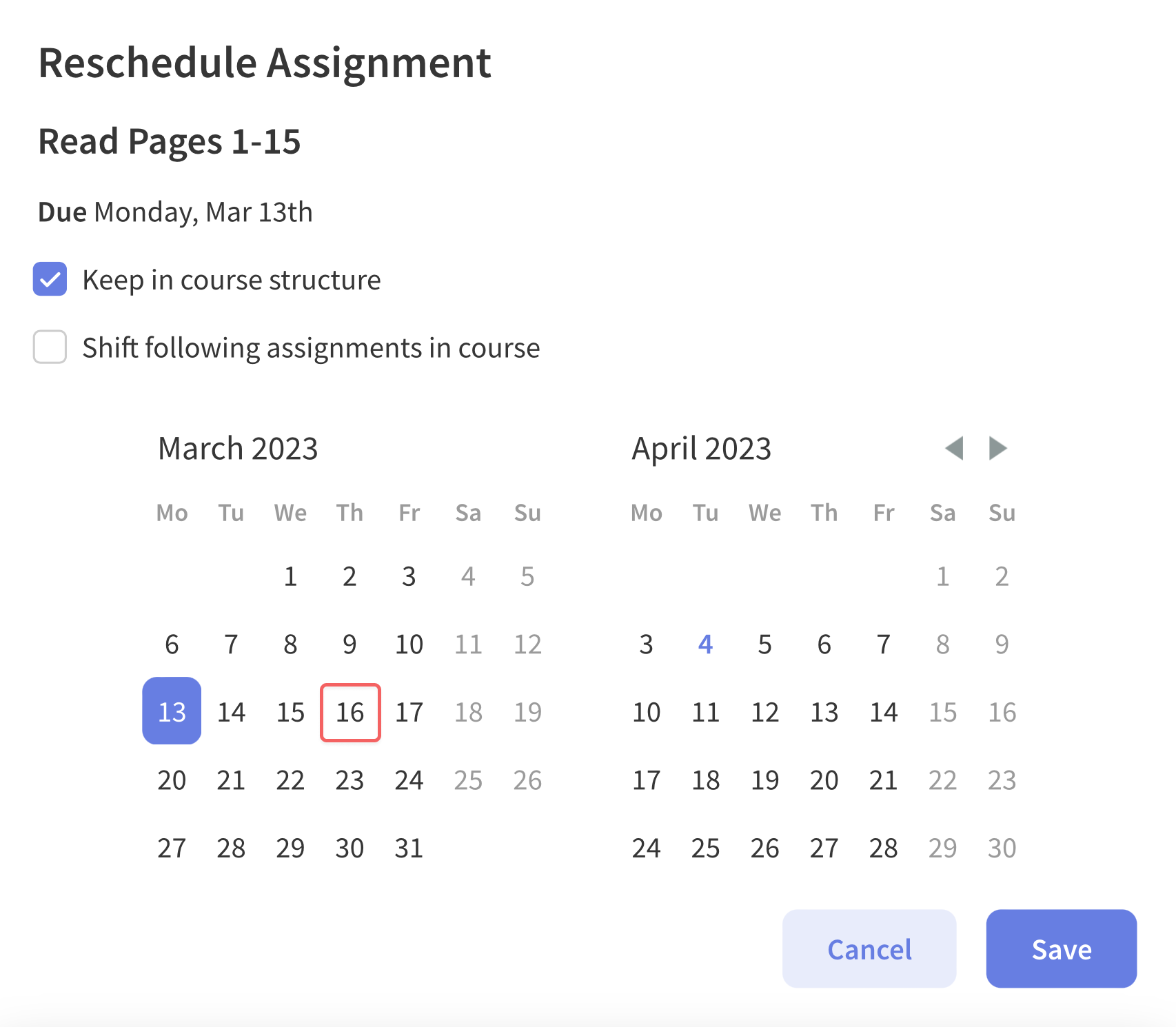 Reschedule Assignment Modal