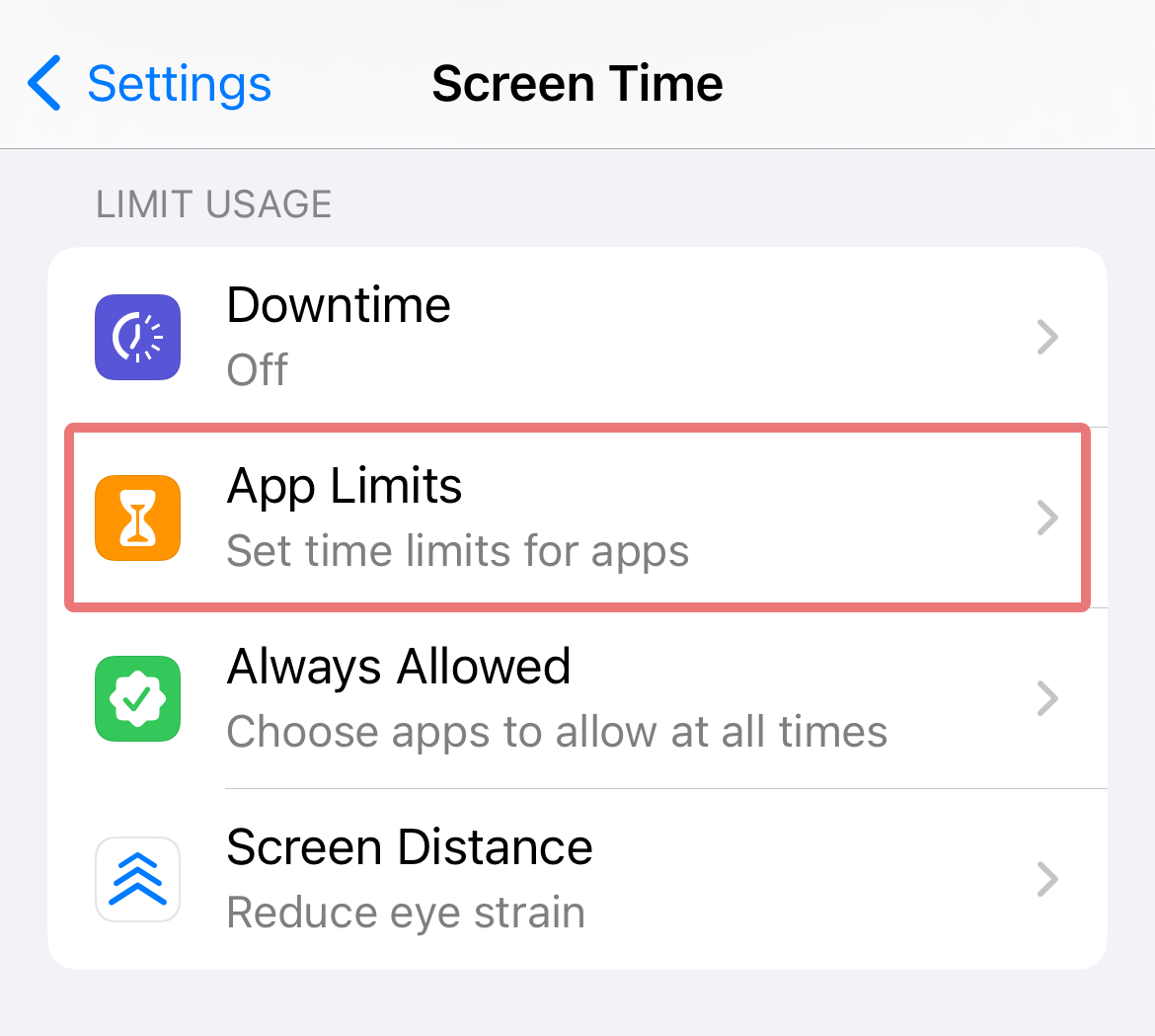 App Limits option within Screen Time settings
