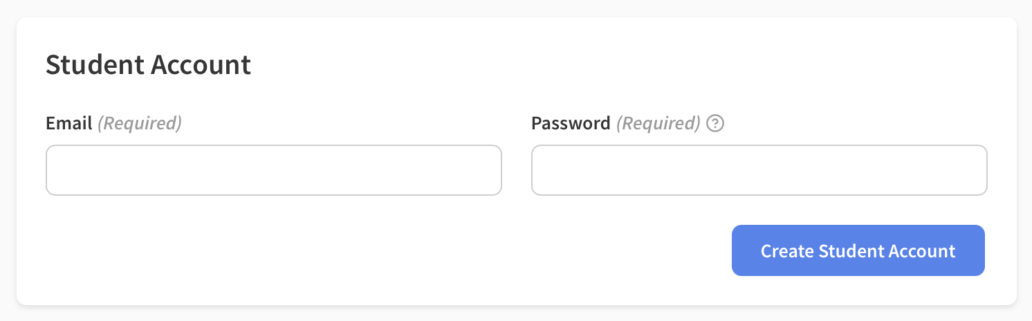 Student account card with email and password fields