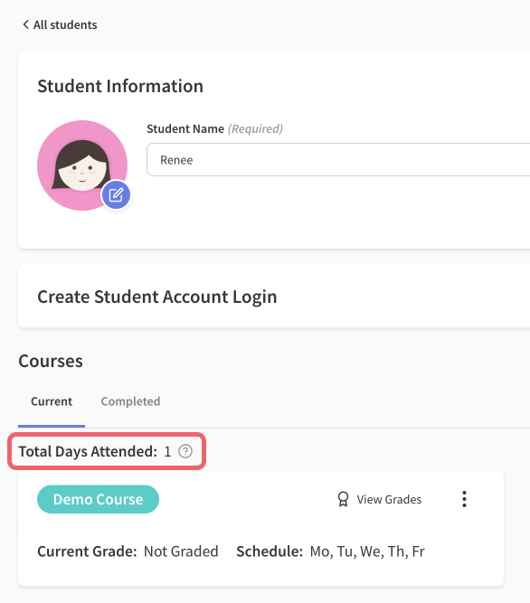 Total attendance days count on student's page